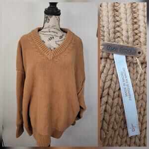 Free People Sweater Women's SZ L Alli V-Neck Oversized Slouchy Heavy Tan Brown